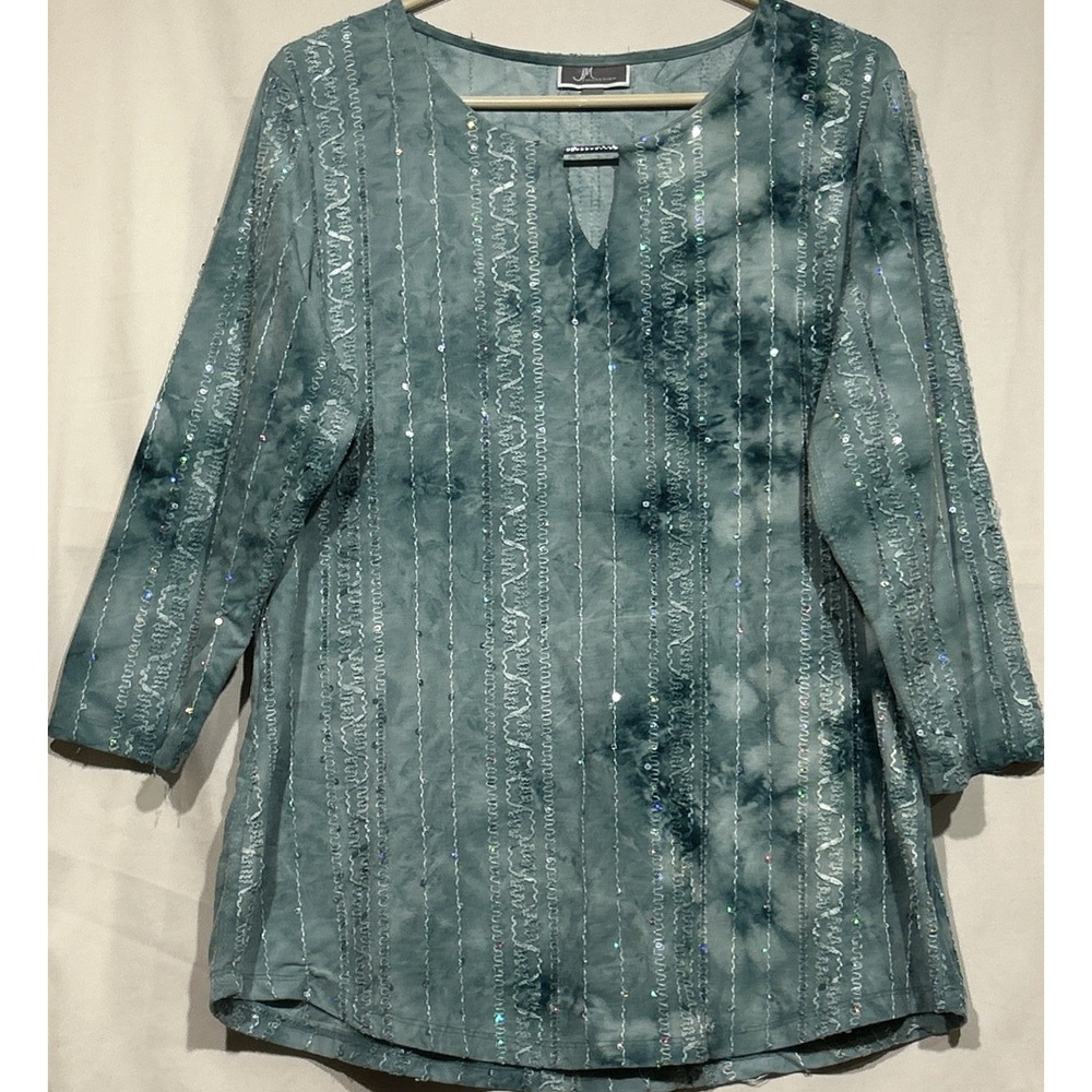 Green Tunic Sequins Tie-Dye Print Embroidery Ribbon Accents Sz L 3/4 Sleeve